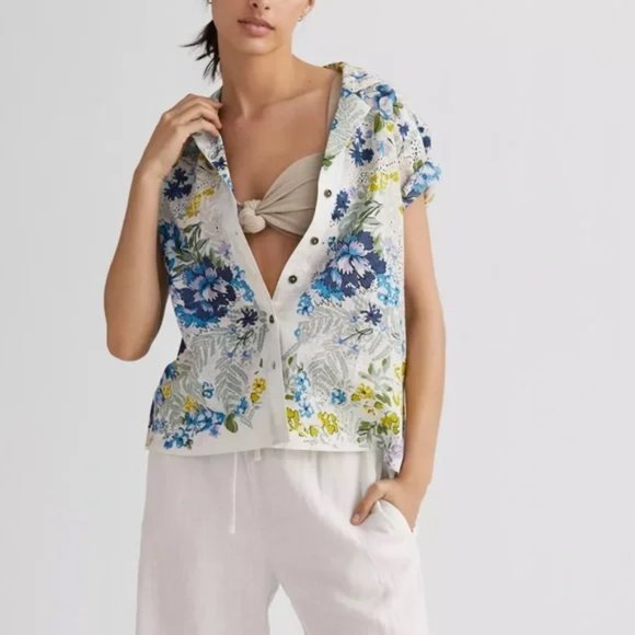 Anthropologie Tops - Anthropologie Printed Surf Button Down Shirt Blue Motif Size SP NWOT